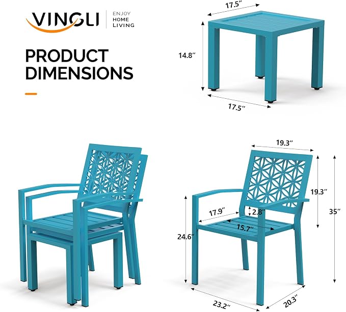 VINGLI 3-Piece Outdoor Bistro Set, Stackable Modern Metal Steel Table and Chairs
