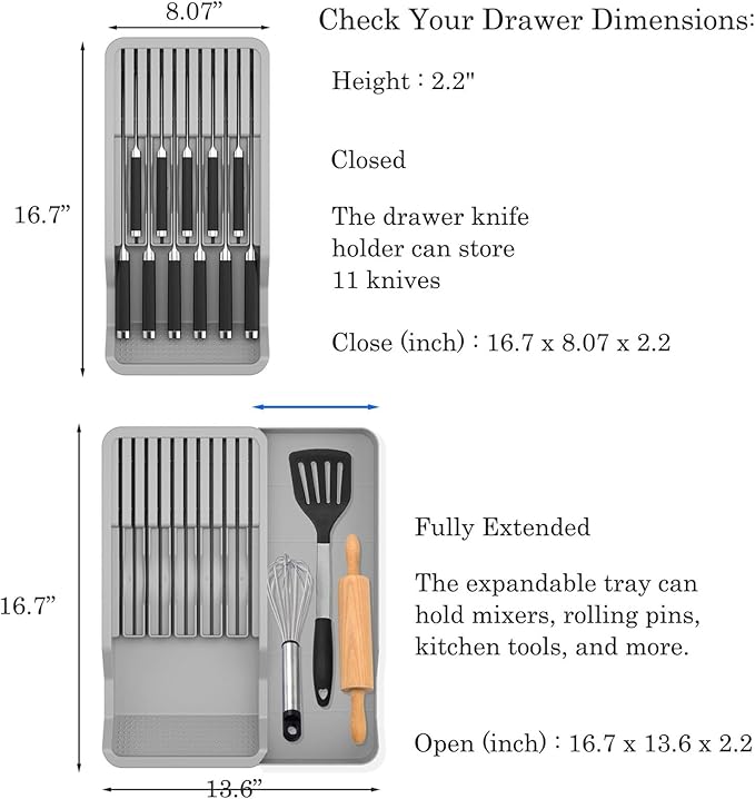 Mulikeer Drawer Knife Organizers Insert with Expandable Tray for 11 Knives