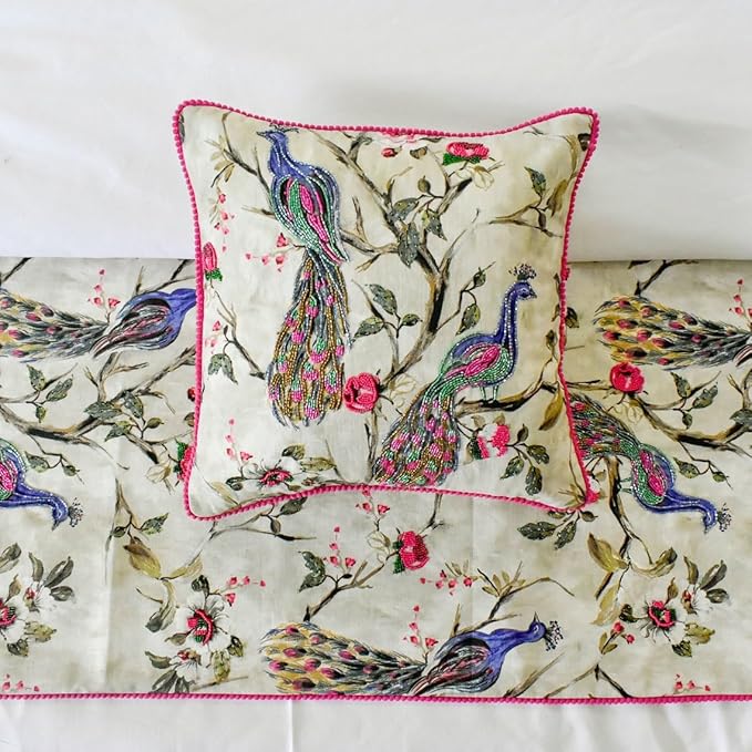 The HomeCentric King/Queen/Twin Pink & Purple Luxury Twin 53"x18" Bed Runner with One Pillow Cover, Peacock, Beaded, Pom Pom Lace Bed Scarf on Cotton Fabric - Pavo Paradiso