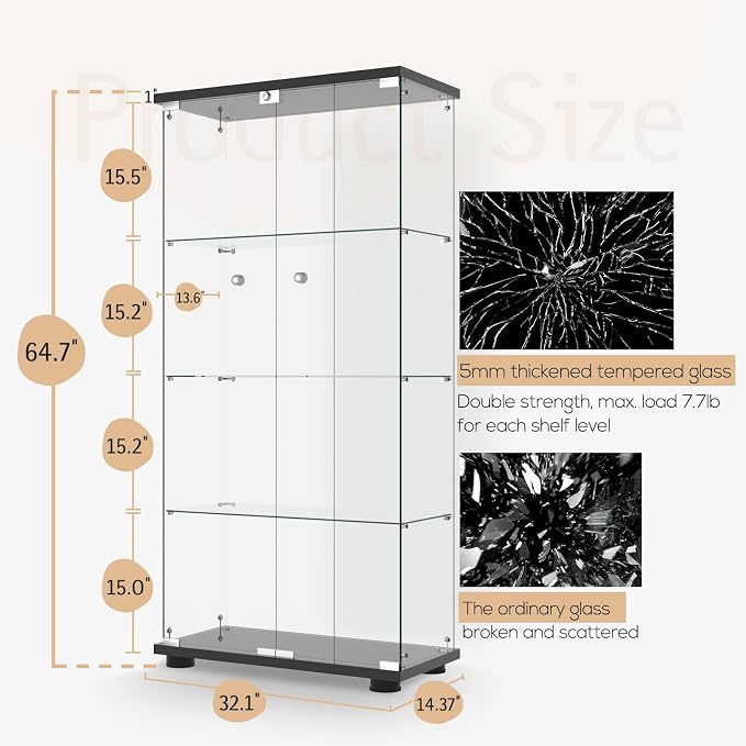 Display Cabinet with Glass Door and Lock, 4-Shelf Fast Installation in 30 Mins