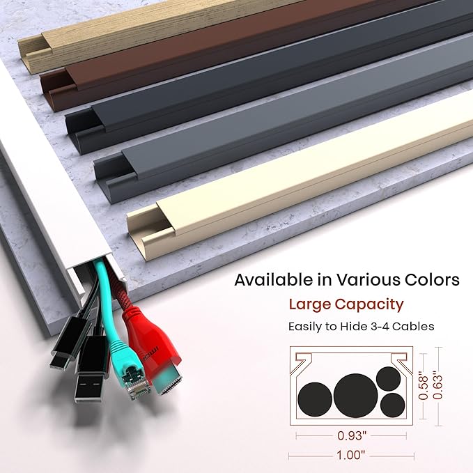 Cord Hider, Wire Cover, Cord Covers Wall Mounted TV, Cable Hider, 157 in Paintable White Raceway Kit, Electrical Cords Concealer, Cable Management, Hide Cords Wall, Wire Molding, Adhesive Channel