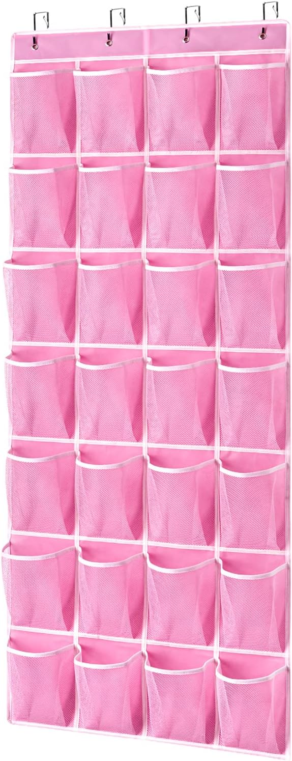 KEEPJOY 28 Pockets Hanging Shoe Organizer, Over the Door Shoe Organizer, Hanging Door Shoe Holder Rack with Mesh Pockets Large Size 65 x 23 Inch (Pink-1Pack)