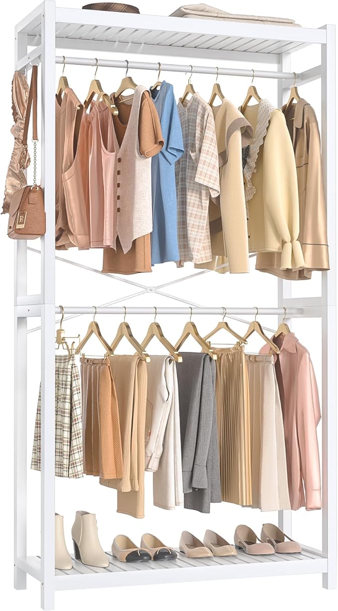 Homykic Bamboo Clothes Rack with Shelves and Double Hang Rods, Portable Closet System Garment Rack for Hanging Clothes, Tall Clothing Rack Corner Closet Organizer, Easy to Built, Freestanding, White