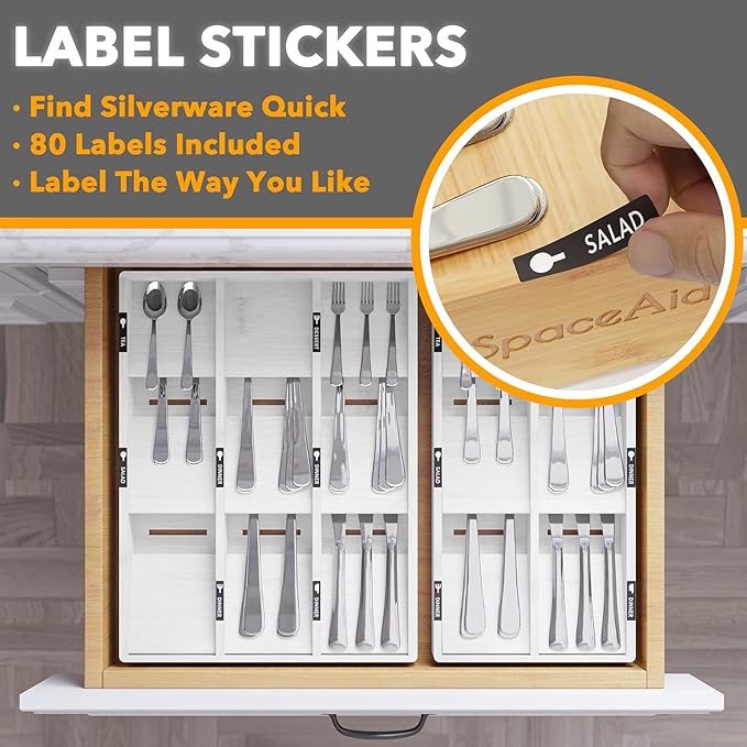 SpaceAid Bamboo Silverware Drawer Organizer with Labels, Kitchen Utensil Tray Holder Organizer for Flatware, Cutlery, Spoon and Knives Drawer Storage Organization (White, 6 Slots)
