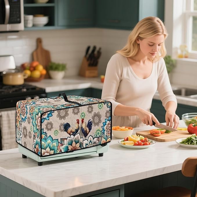 Rooster Boho Mandala Floral Print Microwave Oven Dust Cover Polyester-Linen Fabric Microwave Oven Cloth Cover Universal Case Protections Protector with Storage Bags, S