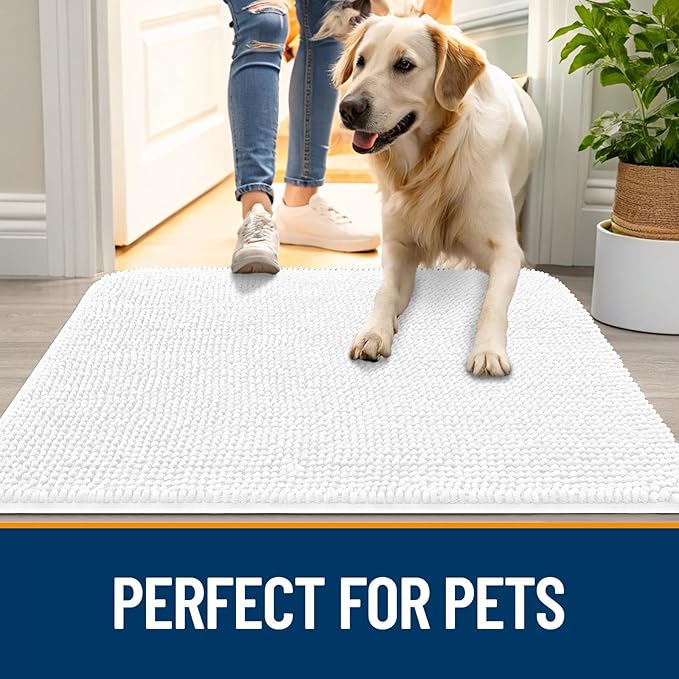 OLANLY Dog Door Mat for Muddy Paws 47x32, Absorbs Moisture and Dirt, Absorbent Non-Slip Washable Doormat, Quick Dry Chenille Mud Mat for Dogs, Entry Indoor Entryway Carpet for Inside Floor, White