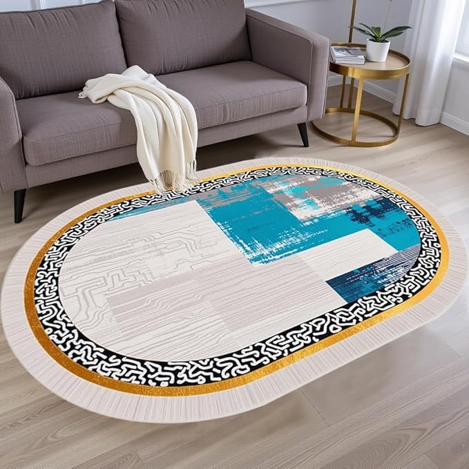 Vintage Luxury Grey Blue Gold Abstract Geometric Texture Oval Area Rug 10x14 for Living Room Bedroom Dining Room Minimalist Bordered Large Rugs Nursery Dorm Kitchen Entryway Soft Non Skid Floor Carpet