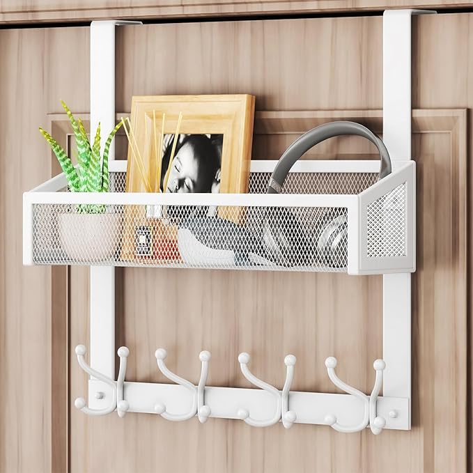 HapiRm Over The Door Hanger - Over The Door Hooks with Mesh Basket and 16 Hooks, 304 Stainless Steel Storage Organizer for Bathroom, Bedroom, Kitchen-White