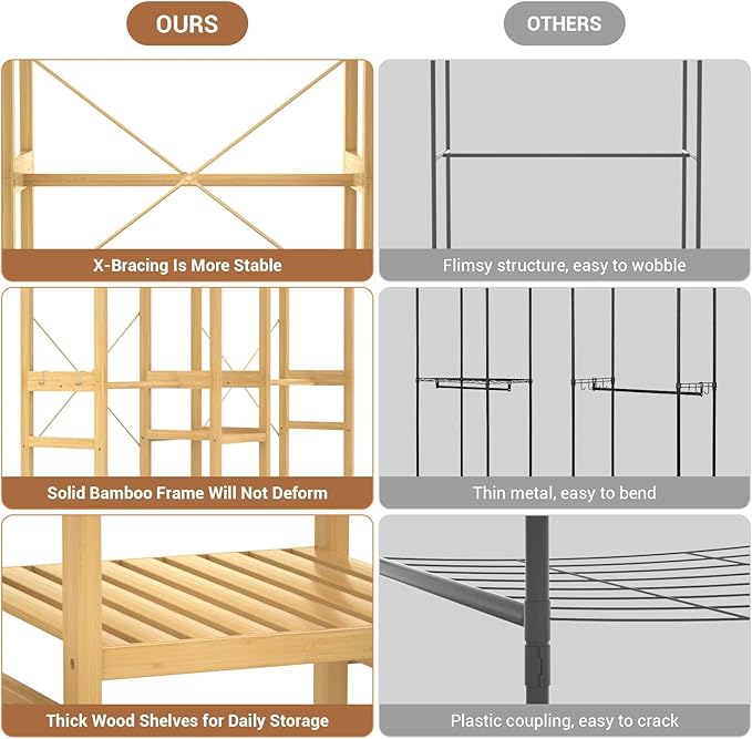 Homykic Bamboo Closet System Clothes Rack, Large Freestanding Garment Rack Clothing Rack for Hanging Clothes with 7 Storage Shelves and 5 Rods, Open Wardrobe Organizer with 4 Hooks, Natural