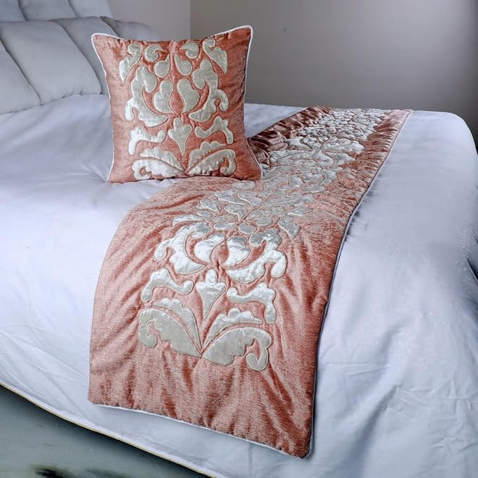 The HomeCentric Designer Peach & Ivory CA King 86 x 18 inch Bed Runner with 2 Pillow Cover Set, Velvet Applique Bed Scarf, Abstract Modern - Peach Elegance