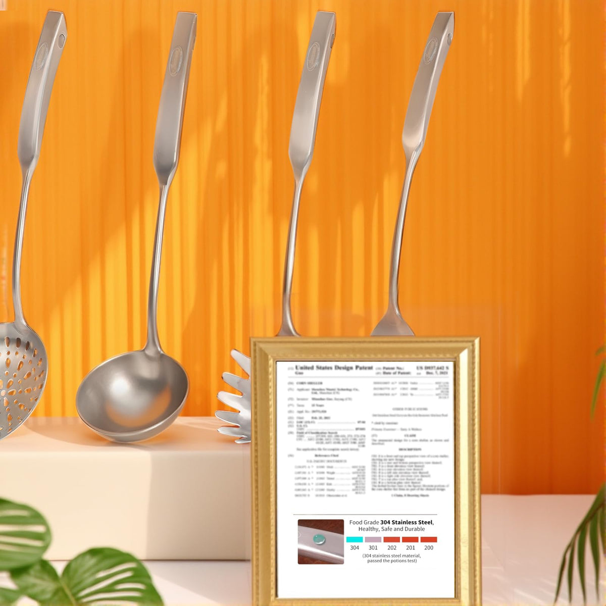 Newness 4 Pcs Cooking Utensils Set, 304 Stainless Steel Kitchen Utensils Set, Metal Kitchen Accessories, Include Soup Ladle, Slotted Skimmer Spoon, Spaghetti Spoon and Spatula, Dishwasher Safe