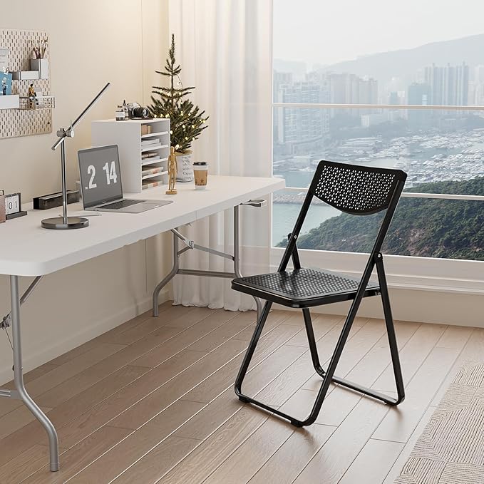 VINGLI Plastic Folding Chairs, Comfortable Foldable Chair with Breathable Mesh Seat and Sturdy Metal Frame 350lbs Capacity for Indoor and Outdoor Use, Party, Event, Office, Dining, Black, 8 Pack