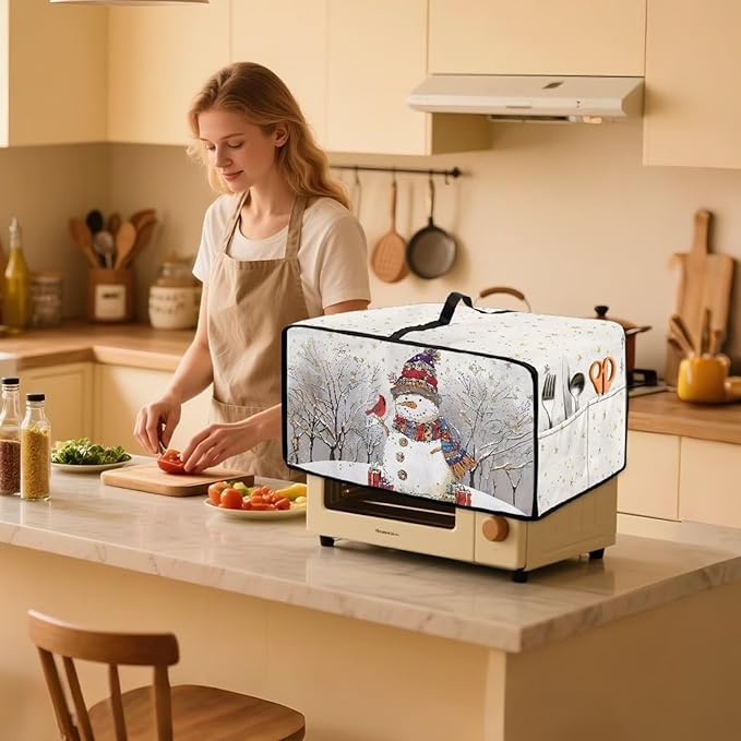 Christmas Air Fryer Toaster Oven Dust Cover Dustproof Convection Oven Cover with Pockets for Small Kitchen Appliances, S, 14.5 x 18.5 x 9 Inches, Snowman Cardinal Bird Tree Star White