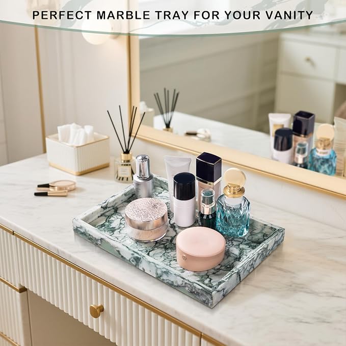 Marble Bathroom Tray for Countertop & Home Decor, Natural Decorative Marble Tray for Jewelry & Perfume Organizer, Luxury Stone Vanity Trays for Dresser, Kitchen Counter, 12" x 8", Jade Green