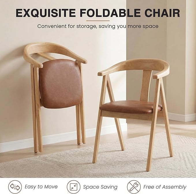HNY Wooden Folding Chair with Cushion Set of 2, PU Leather Foldable Dining Chairs Folding Event Chair, Portable Space-Saving Accent Chair for Kitchen Dining Living Room Small Spaces, Brown