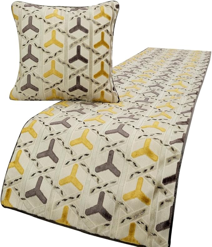 The HomeCentric King/Queen/Twin Grey & Yellow Designer CA King 86"x18" Bed Runner with 2 Pillow Cover, Beaded Bed Scarf on Velvet Fabric - Tripod