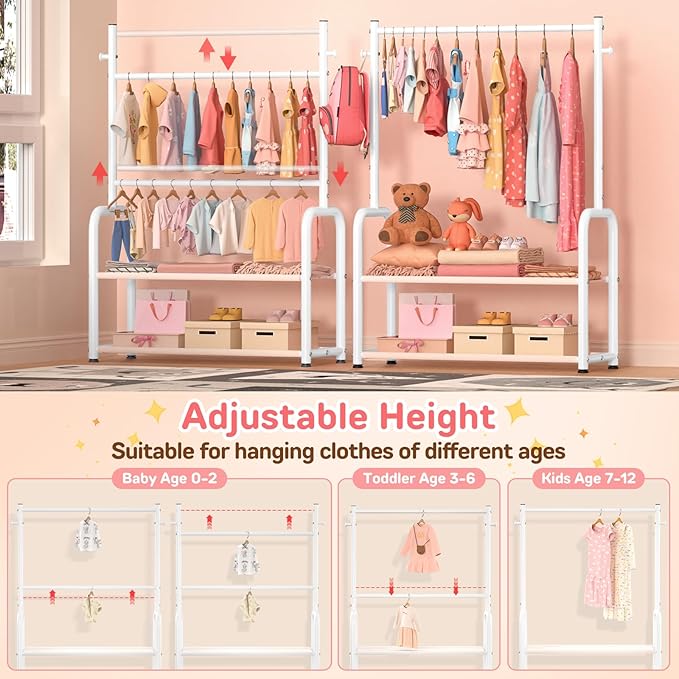 Kids Clothing Rack with 2-Layer Storage Shelf and 2 Adjustable Hanging Rods, Dress Up Rack for Hanging Clothes,Dress up Storage for Baby Toddle Kids(Classic, White)