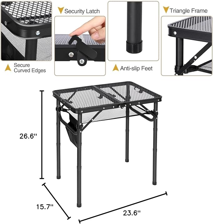 REDCAMP Small Folding Grill Table for Outside, 3 Heights Adjustable Lightweight Portable Metal Aluminum Outdoor Grill Table for Camping Picnic Cooking BBQ, Black 24x16 inches