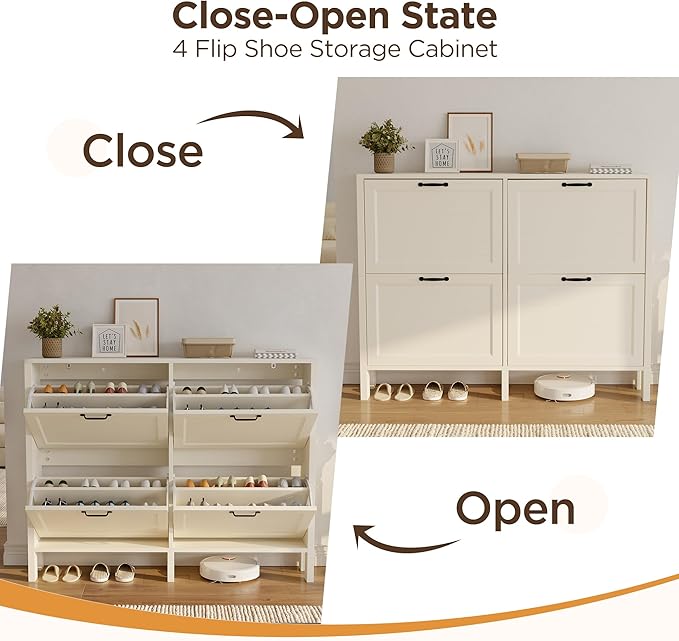 LOUVIXA Shoe Cabinet with 4 Flip Drawers, Narrow Shoe Storage Cabinet, Freestanding Shoe Cabinet Organizer, Hidden Shoe Rack Cabinet for Entryway, Hallway (4-Drawers, Off White/4-drawers)