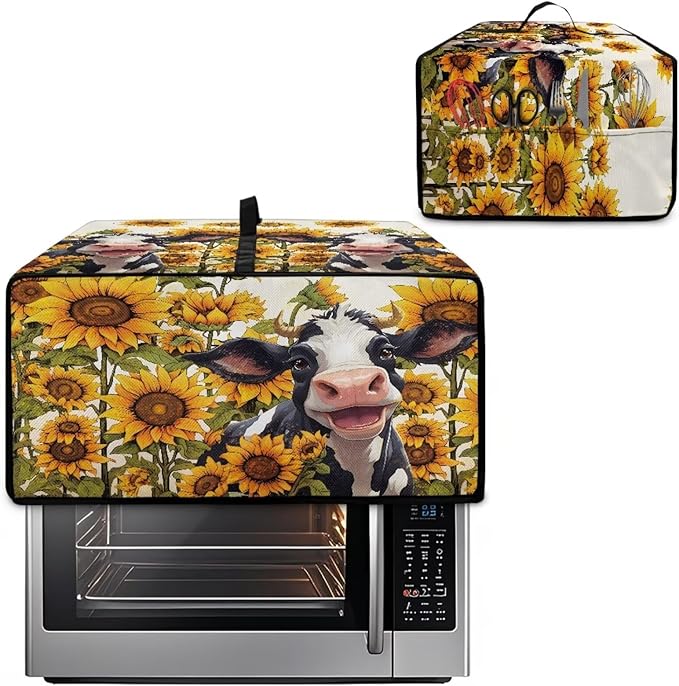 Countertop Convection Oven Cover Dust Protection Air Fryer Toaster Oven Covers with Side Pockets, for Home Kitchen Decor, L, 18.5 x 22.5 x 13 Inches, Cute Cow Sunflower
