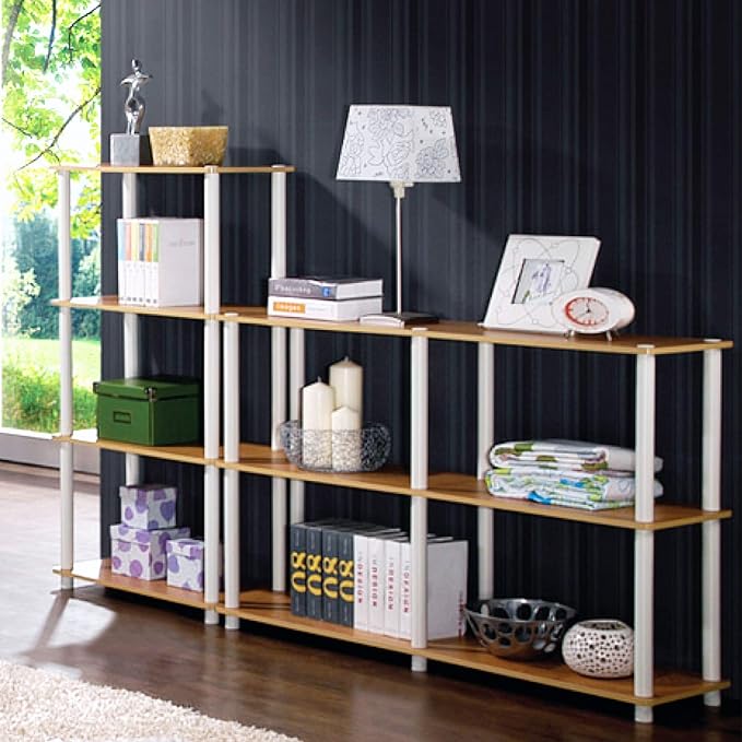 Furinno Turn-N-Tube 4-Tier Multipurpose Shelf Display Rack, Round Tubes, Blonde Maple/White