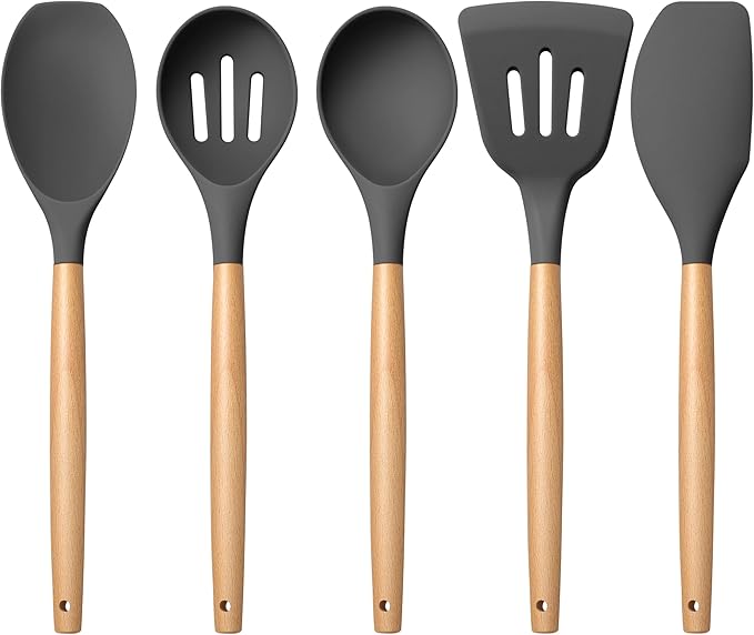 E-far Silicone Cooking Utensils Set, 5-Piece Kitchen Utensils Set with Wooden Handle for Cooking, Silicone Kitchen Nonstick Tools Spatula Turner Slotted Spoons, Nontoxic & Heat Resistant-Gray