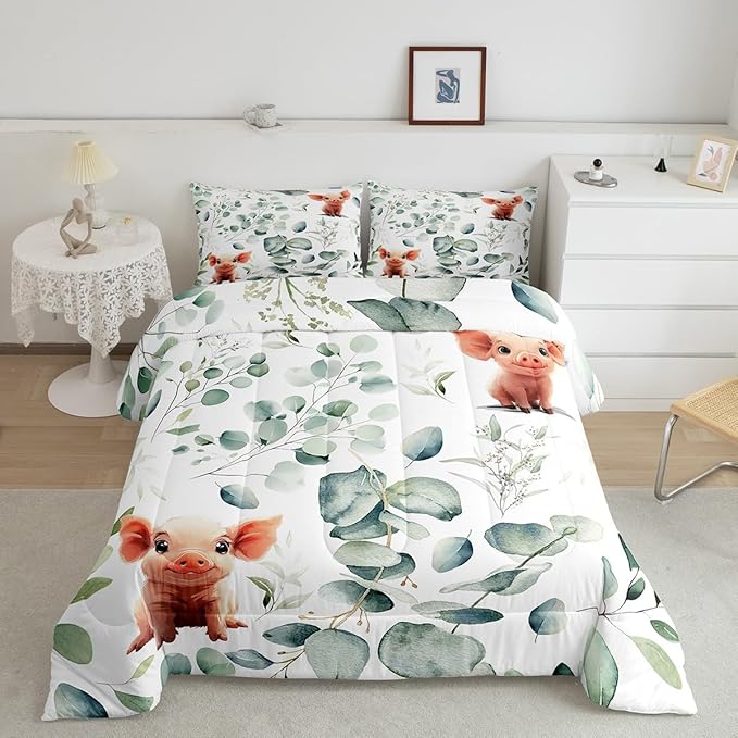 Erosebridal Kawaii Pig King Bedding Sets for Boys Girls Cartoon Animal Comforter Set, Eucalyptus Leaves Duvet Insert Farm Wildlife Down Comforter, Tropical Botanical Plants Bedding Comforter Sets