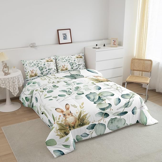 Erosebridal Girls Kawaii Animal Full Bedding Sets Cute Rabbit Comforter Set, Cartoon Wildlife Bedding Comforter Sets Green Leaf Duvet Insert, Spring Plant Down Comforter Child Kids Bedroom Decor