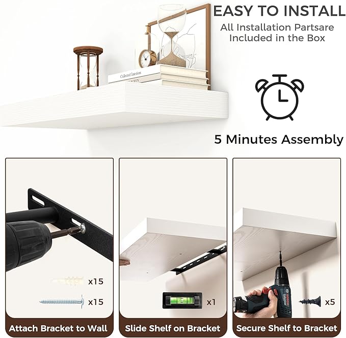 Venusmiles Floating Shelves for Wall, 20 Inch Floating Shelves Set of 2, 6.5" D Wooden Wall Mounted Display Shelves with Invisible Brackets for Living Room, Bedroom, Bathroom, Kitchen Decor, White