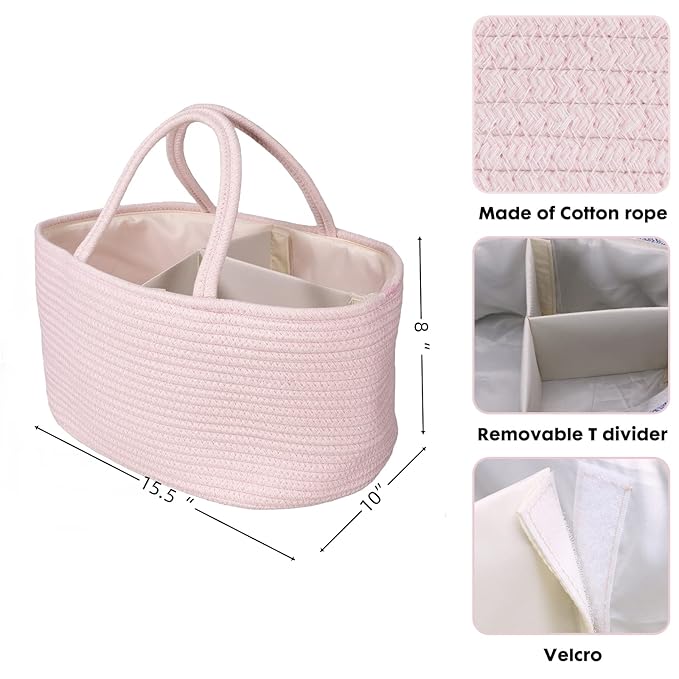 Large Baby Diaper Caddy Organizer for Girl Boy Rope Nursery Storage Bin Basket Portable Holder Tote Bag for Changing Table Car Travel Baby Shower Gifts Newborn Essentials Registry Must Haves Pink