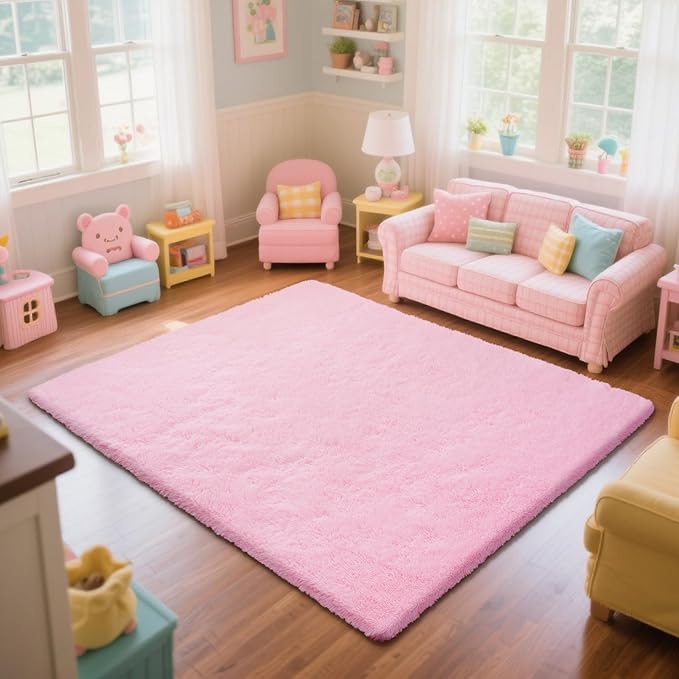 Pink Fluffy Rug Shaggy Area Rug, 6x9 Area Rugs for Girls Bedroom, Big Soft Shaggy Bedside Non-Slip Plush Dorm Nursery Kids Carpet Home Decor Aesthetic