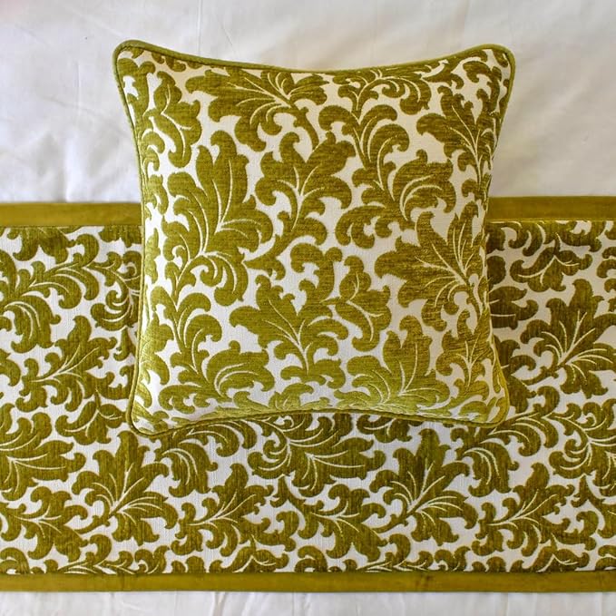 The HomeCentric King/Queen/Twin Chartreuse Designer Queen 74"x18" Bed Runner with 2 Pillow Cover, Velvet, Floral Pattern Bed Scarf on Velvet Fabric - Enchanted Chartreuse