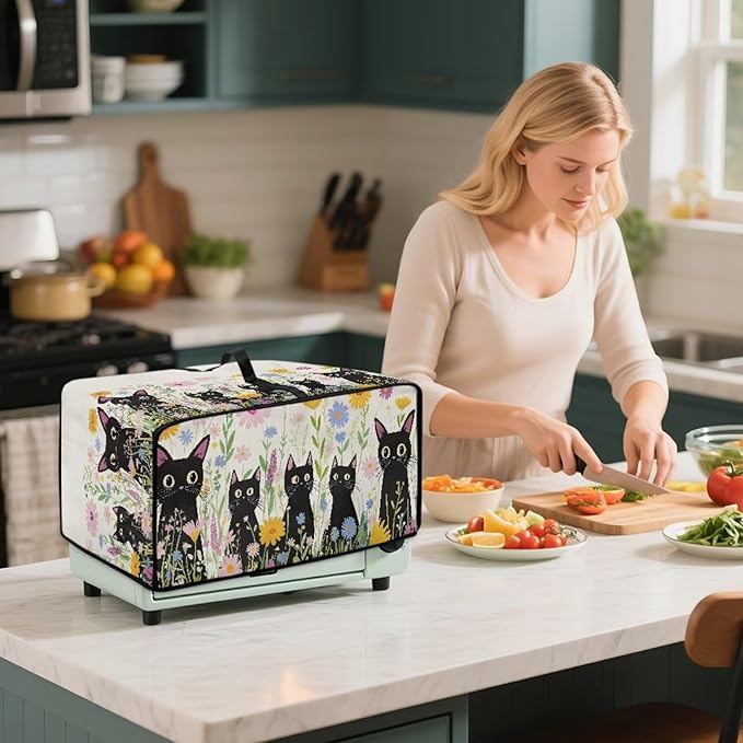 Countertop Microwave Oven Cover with Side Pockets, Dust Protection Small Appliance Toaster Ovens Dust Cover, S, 14.5 x 18.5 x 9 Inches, Cartoon Black Cat Daisy Flower