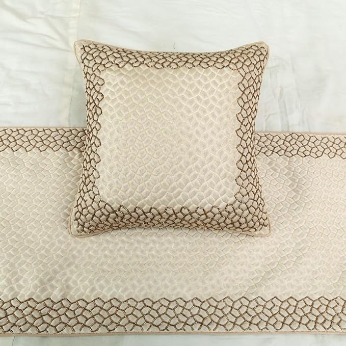 The HomeCentric King/Queen/Twin Ivory & Gold Designer Queen 74"x18" Bed Runner Without Pillow Cover, Mosaic & Beaded Bed Scarf on Jacquard Fabric - Tessellation