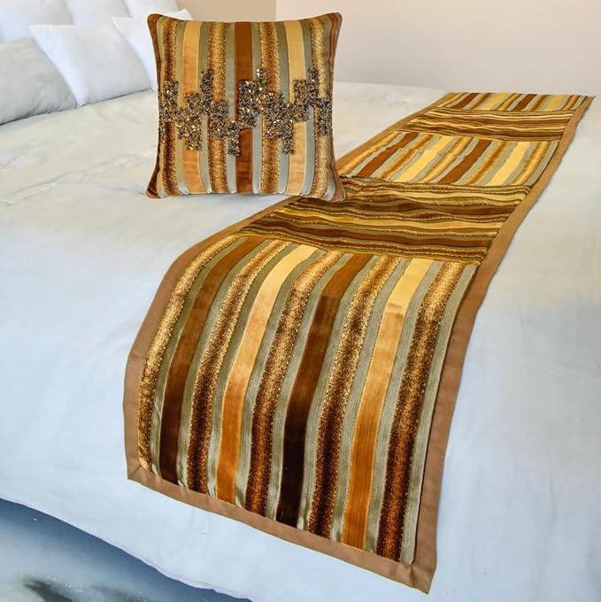 The HomeCentric King/Queen/Twin Gold & Brown Decorative CA King 86"x18" Bed Runner with One Pillow Cover, Striped, Beadwork & Handmade Bed Scarf on Velvet Fabric - Streamlined