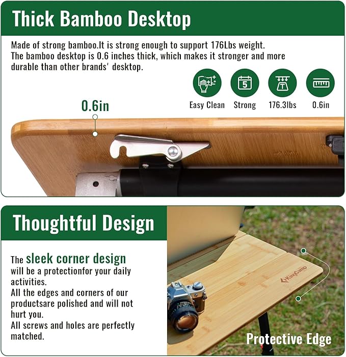 KingCamp Bamboo Folding Table, 2-Fold Camping Adjustable Height Portable Outdoor Lightweight & Compact Table with Aluminum Frame for RV Picnic BBQ
