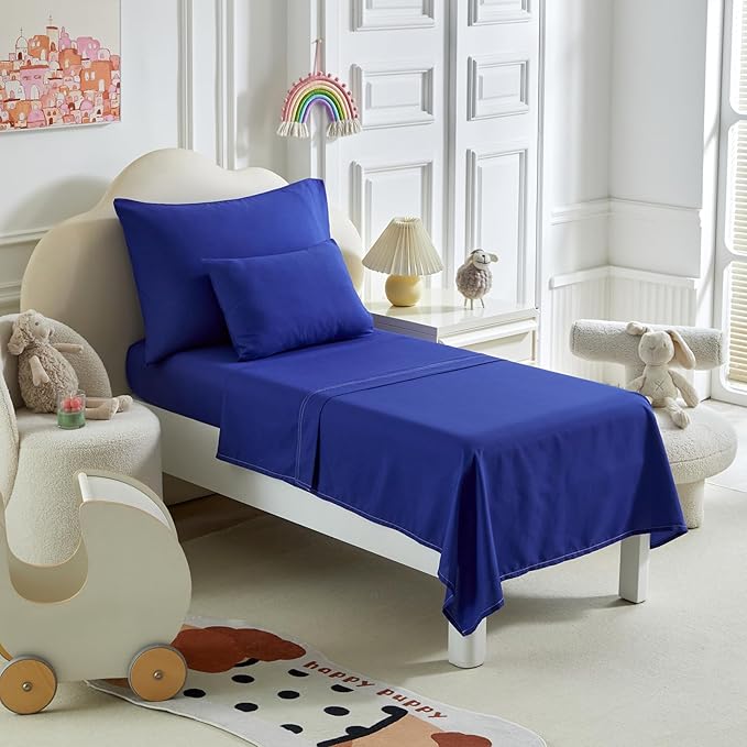 Toddler Bedding Set - 5 Piece Soft and Breathable Toddler Bed Set for Boys and Girls, Includes Quilted Comforter, Fitted Sheet, Flat Top Sheet, Standard Pillowcase and Toddler Pillowcase, Navy