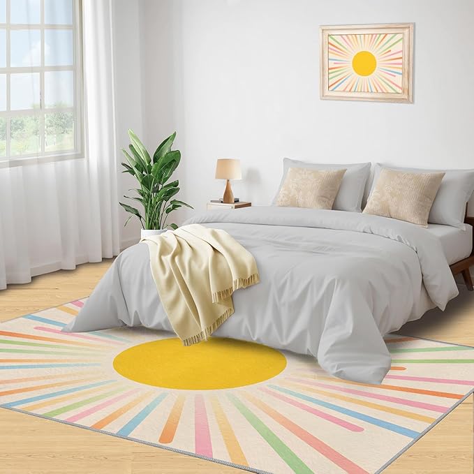 Boho Sun Area Rugs 3x4ft, Minimalist Sunburst Kids Bedroom Rug, Abstraction Deco Bedside Rug Durable Non Slip for Cafe Living Room Under Table Boys Room Decor