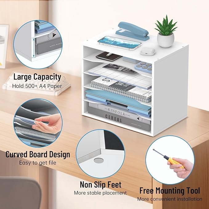 5-Tier Wood Desk Organizer, Paper Tray Organizer for Desk with Adjustable Storage Shelves, Desktop File Organization Paper Sorter Mail Holder for Office Home Classroom, White