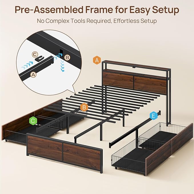 Rolanstar Queen Bed Frame with 4 Storage Drawers & 2-Tier Storage Headboard