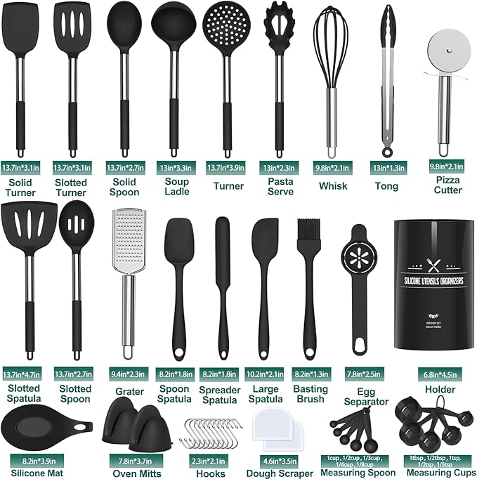 Silicone Kitchen Cooking Utensils Set-Umite Chef 43 pcs Heat Resistant Kitchen Utensils, Black Kitchen Gadgets Tools Set with Stainless Steel Handles for Non-Stick Cookware