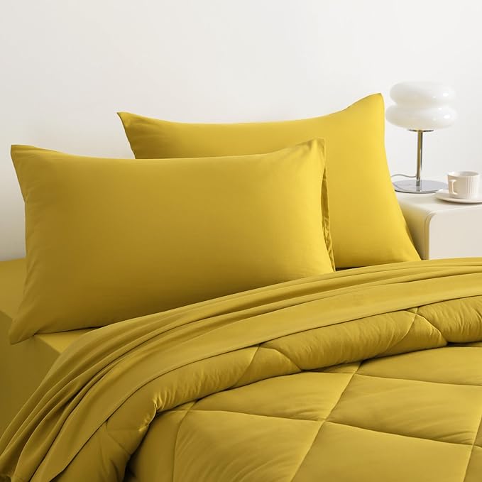 NTBAY Twin Comforter Set with Sheets, 5 Pieces Soft and Breathable Twin Bedding Set, Twin Bed in a Bag, Down Alternative Comforter Set Solid Color All Season, Kids Bedding Set, Yellow