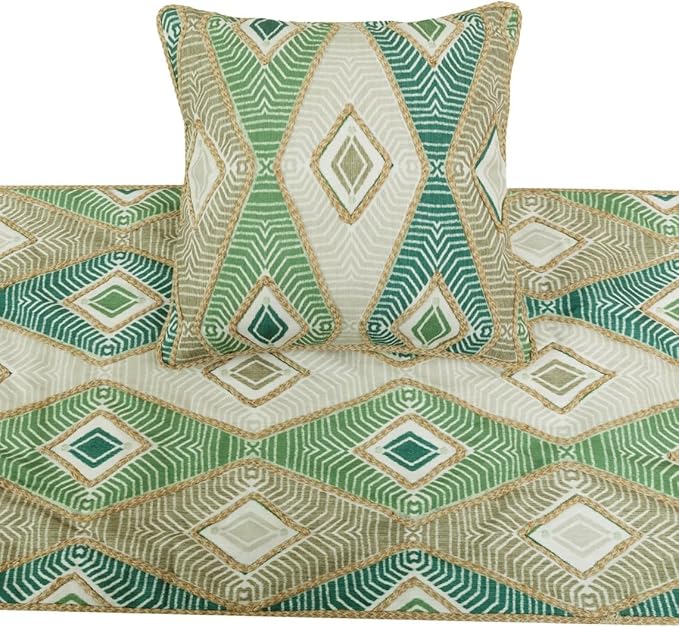 The HomeCentric King/Queen/Twin Green Designer King 90"x18" Bed Runner Without Pillow Cover, Aztec, Jute Embroidery, Quilted, Tassels, Jute, Moroccan & Tribal Bed Scarf Cotton Fabric - Chantico