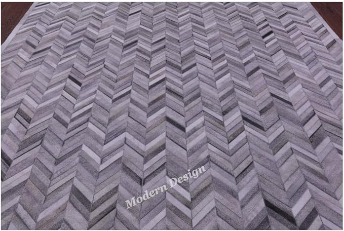 Modern Design Premium Cowhide Leather Carpet with Chevron Pattern, Area Rug (Natural Multi Grey, 9'6"x14'0)