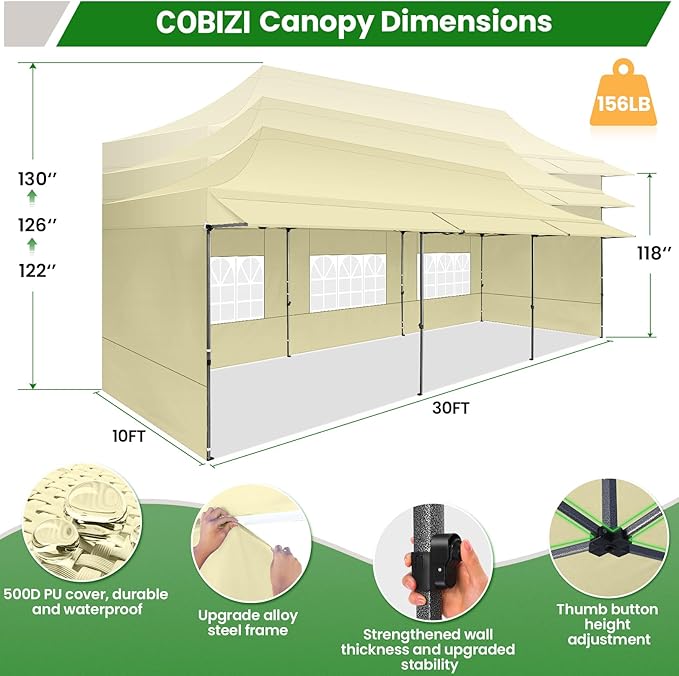 COBIZI 10X30 Pop Up Canopy Tent Heavy Duty with Sidewalls, Outdoor Commercial Canopy with Awning, Waterproof&69 SF Extended Awning, Vendor Tent for Market, Party Events, Khaki