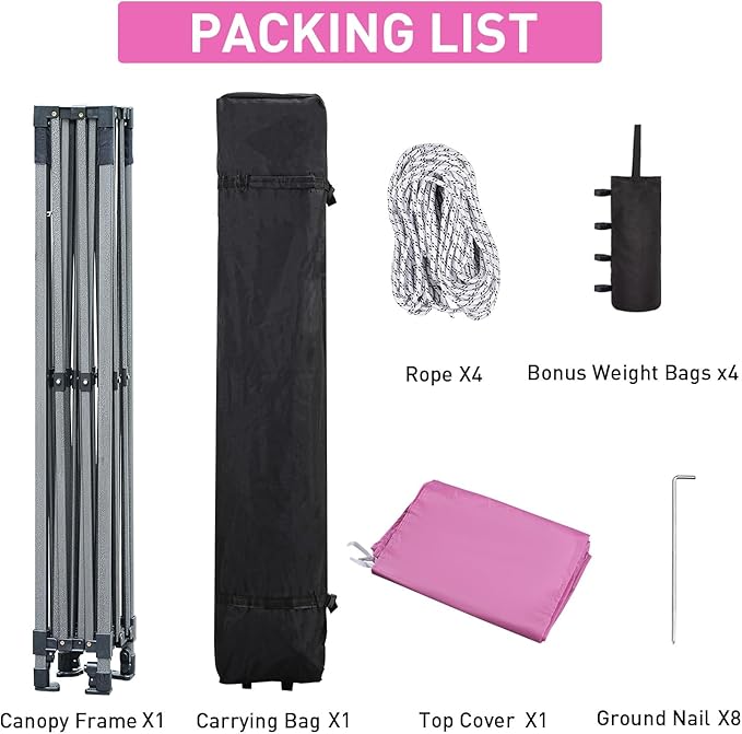 GDY 10x10 Ft Steeple Outdoor Pop Up Canopy Tent, Commercial Portable Instant Folding Gazebos, Patio Canopies with Wheel Bag, Pink.