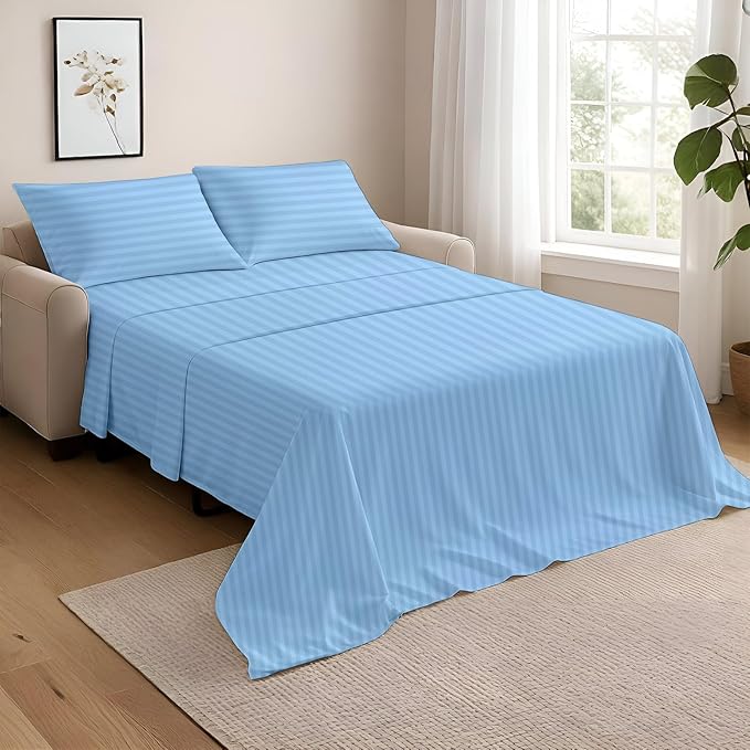NON Sticky cotton Twin Size Sleeper Sofa Sheets, 4 Piece Egyptian Cotton Bed Sheet Set for Sofa Bed, 7" Deep Pocket for Pull Out Couch Mattress, 39" x 75", Light Blue Stripe, Soft & Breathable