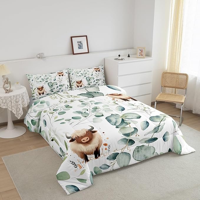 Erosebridal Boys Cartoon Animal Queen Bedding Sets for Kids Toddler Kawaii Cow Comforter Set, Highland Cattle Bull Down Comforter Western Cowboy Bedding Comforter Sets, Green Eucalyptus Duvet Insert