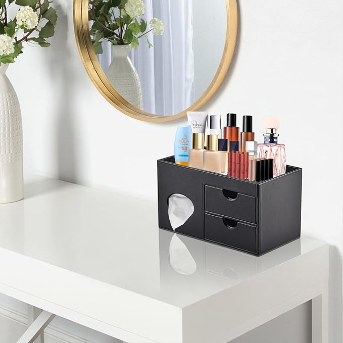 Square Tissue Box Cover with Drawers,Tissue Box Holder with Storage Tray, Makeup Organizer and Desk Organizer,Tissue Holders Decorative for Bathroom Vanity NightStand Dressing Table (Black)