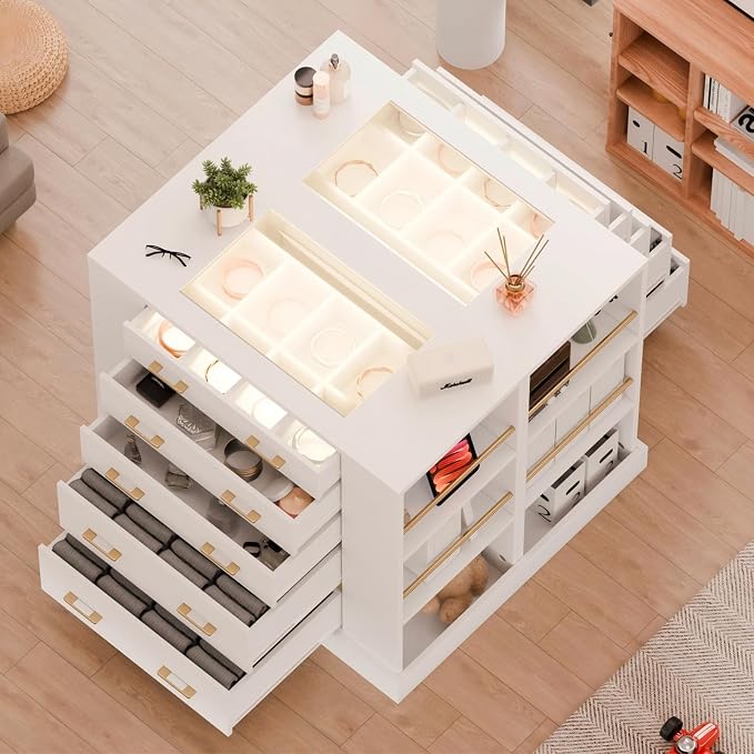 Drawer Dresser with LED Lights and Open Shelves, Modern Tempered Glass Top
